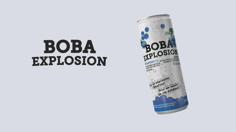 Vidéo promotionnelle présentant les 4 boissons pétillantes Boba Explosion : fruit de la passion, mangue, litchi et bleuet, avec bobas explosifs à base de purée de fruits.